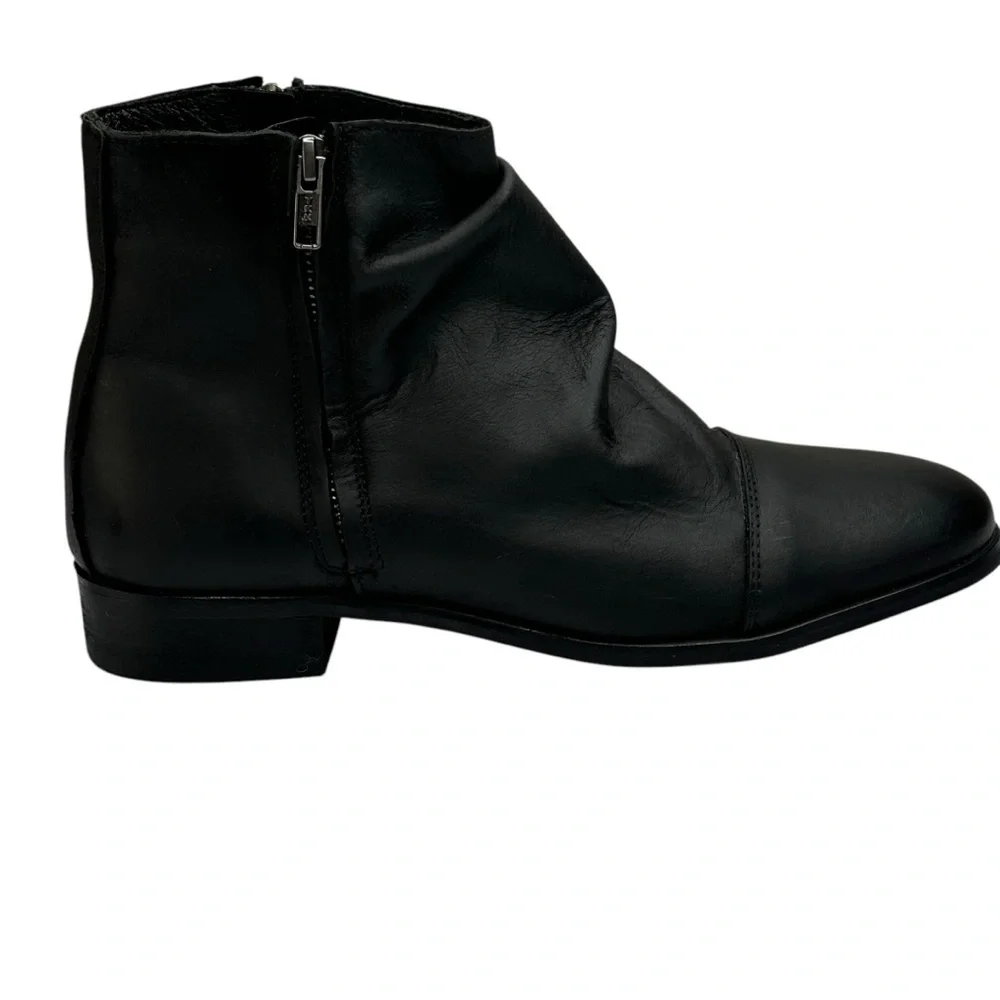 New Black Leather Ankle Boots Side Zipper Ruching 2” Block Heel Size 41 US Sz 10